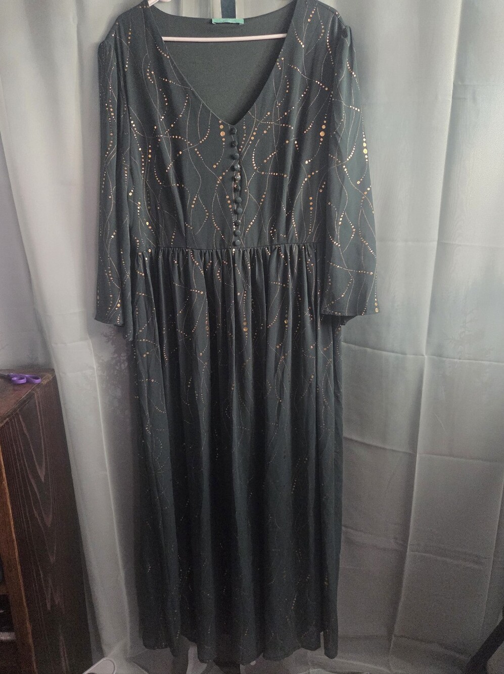 Toleen Green Maxi Dress with Gold Dot Swirl Detail